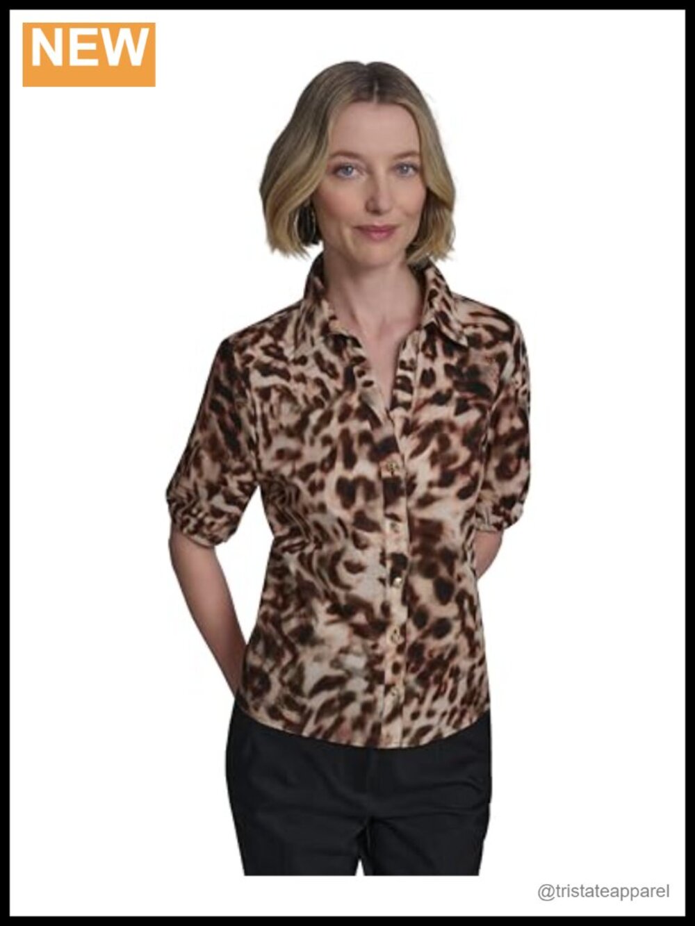 Womens 3/4 Puff Sleeve Animal Print Button Up Blouse